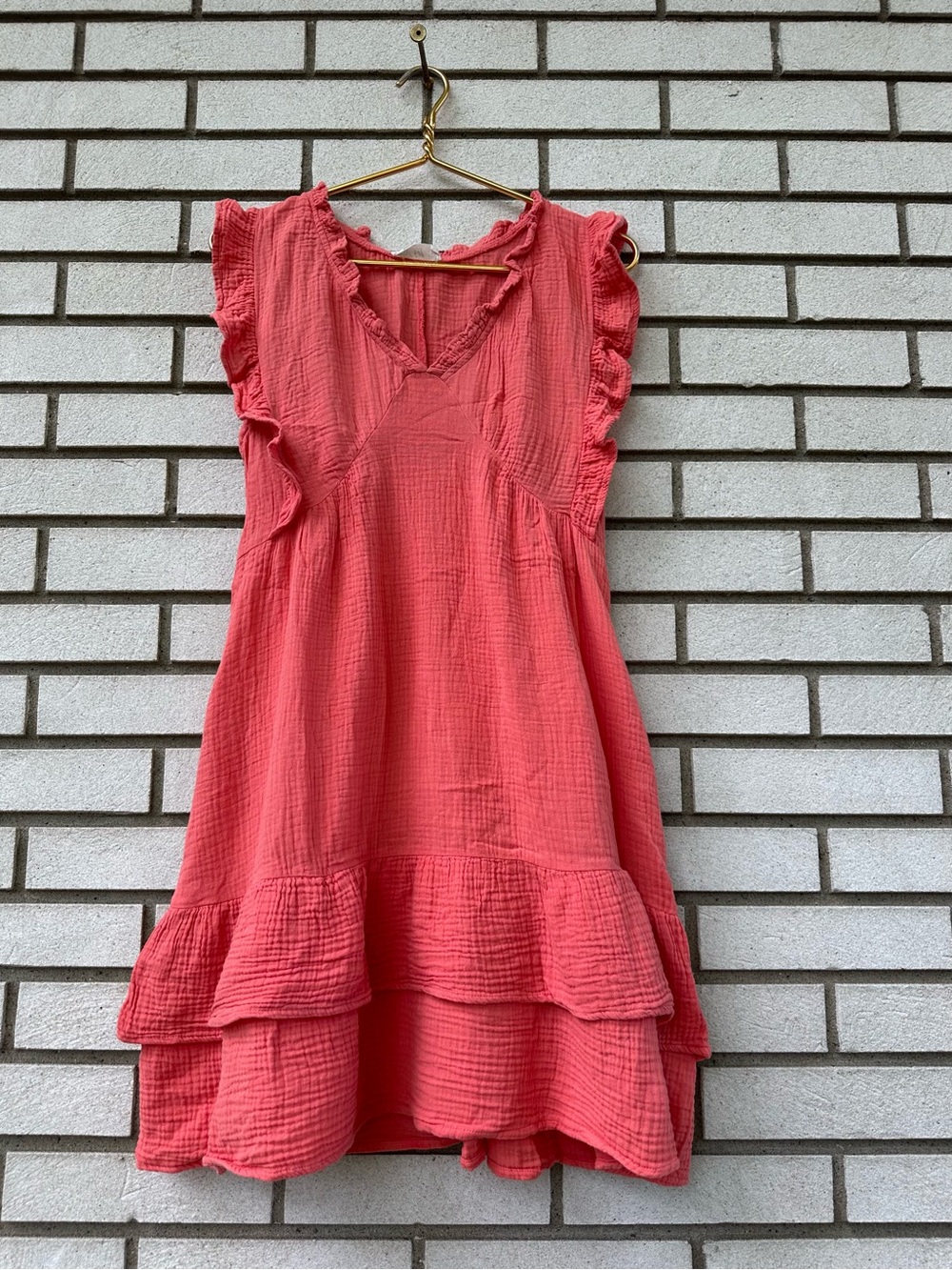 New In Coral Cotton Gauze Tiered Ruffle Mini Dress Boho Cottagecore L Coastal
